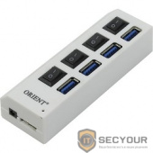 ORIENT BC-307PS, USB 3.0 HUB 4 Ports, c БП-зарядником 2xUSB (5В, 2.1А), выключатели на каждый порт, белый  