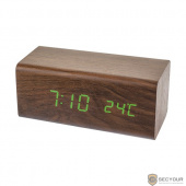 Perfeo LED часы-будильник &quot;Block&quot;, коричневый корпус / зелёная подсветка (PF-S718T) время, температура 