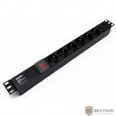 Hyperline SHE19-6SH-S-IEC Блок розеток для 19&quot; шкафов, горизонтальный, с выключателем с подсветкой, 6 розеток Schuko (10А), 250В, без кабеля питания, входная Розетка IEC 60320 C14, 482.6х44.4х44.4мм (