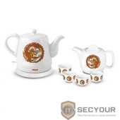 MYSTERY MEK-1624 Чайник, white керамика, 1.2 л, 1500Вт (в комплекте заварной чайник и четыре пиалы)