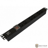 Hyperline SHE19-6IEC-S-IEC Блок розеток для 19&quot; шкафов, горизонтальный, с выключателем с подсветкой, 6xIEC 320 C13, 10A, 250В, без кабеля питания, входная Розетка IEC 320 C14, 482.6x44.4x44.4мм (ДхШхВ