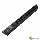 Hyperline SHE19-10IEC-S-IEC Блок розеток для 19&quot; шкафов, горизонтальный, с выключателем с подсветкой, 10xIEC 320 C13, 10A, 250В, без кабеля питания, входная Розетка IEC 320 C14, 482.6x44.4x44.4мм (ДхШ