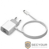 JET.A Универсальное зарядное устройство от сети 220В UC-S14 (2 USB-порта, 2.1А, встроенный кабель micro USB) белый 