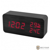 Perfeo LED часы-будильник &quot;Wood&quot;, чёрный корпус / красная подсветка (PF-S736) время, температура