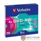 Verbatim  Диск DVD-RW 4x, Colour, Slim, 5шт,(43563)